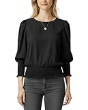 Lomehue Womens Cherry Print Blouse 3/4 Length Puff Sleeve Smocked Waist Spring Tops Summer Casual Dressy (XX-Large,Black)