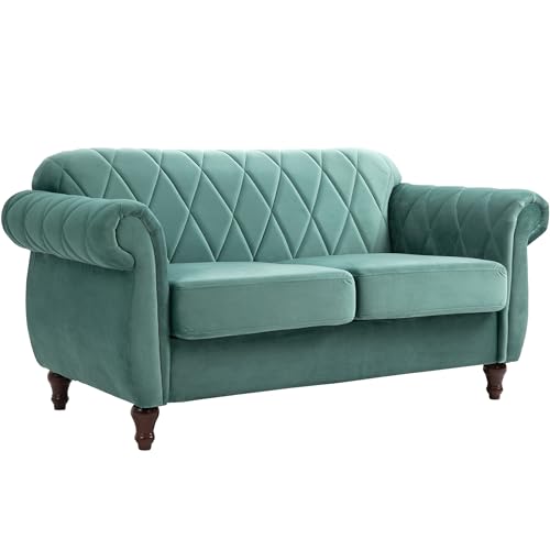 HOMCOM Divano 2 Posti in Legno e Velluto Verde, Spessa Imbottitura, Divano per 2 Persone Design Vintage Rétro, 148 x 72 x 76cm