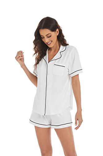 Image of LUBOT Women's Pajamas Set Two-piece PJs Set for Women 2PC Short Sleeve Button-Down Summer Sleepwear Loungewear (White, S)