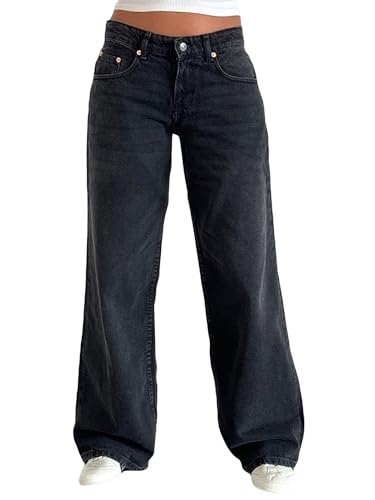 Image of Fiacafyo Womens Y2K Low Rise Baggy Jeans Straight Wide Leg Boyfriend Trousers Casual Loose Fit Denim Pants Streetwear (C-Dark Grey, XS)