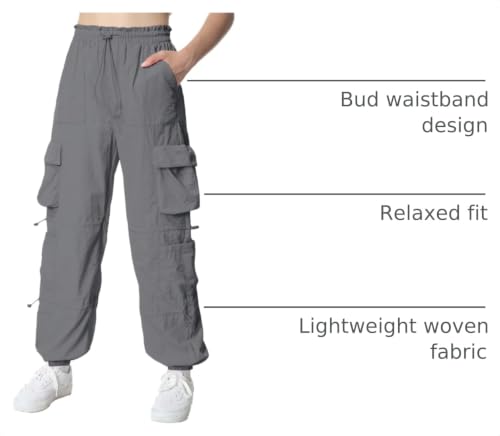 Image of EXARUS Girls Parachute Pants Cargo Hip Hop Wide Leg Baggy Y2K Teen | Tween Casual School Dance Streetwear with Pockets Elastic Waist Youth Junior Kids Bottoms Hiking 8-14Y