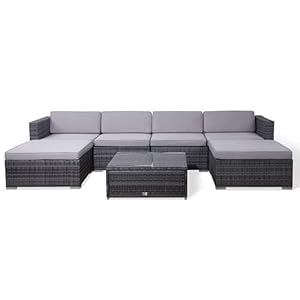 EVRE Nevada Grey 6 Seater Outdoor Rattan Garden Furniture Set Wicker Weave Sofa Coffee Table Stool with Cushions For Patios Decks Conservatories Sectional Corner Conversation Piece