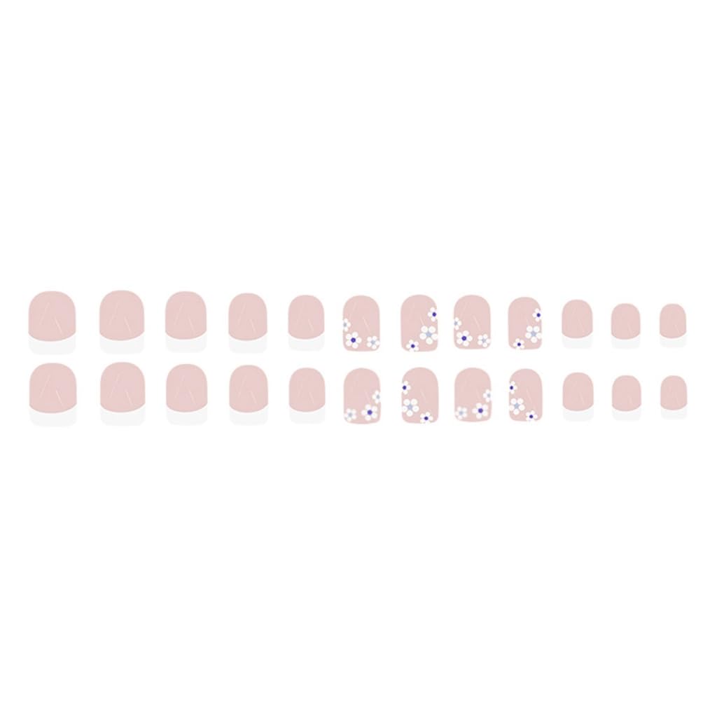 24 Pcs Flowers Artificial Nails White French Tip Short Square Stick On Nails Glossy False Nails
