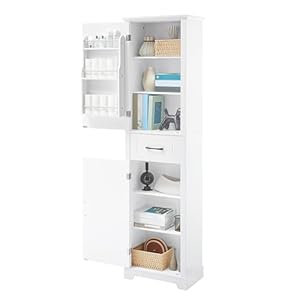 Merax Tall Storage Cabinet with Drawer and Door Shelf, Slim Linen Tower Freestanding Cupboard for Bathroom, Home Kitchen or Living Room, White