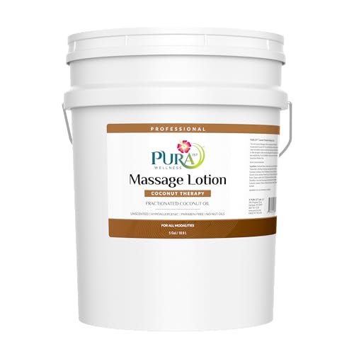 PURA 1ST Professional Coconut Therapy Massage Lotion, Coconut Oil, Unscented, Hypoallergenic, Non-Greasy, Natural, Skin Moisturizing, Deep Tissue, Skin Hydrating, Wellness, Physical Therapy, 5 Gallon