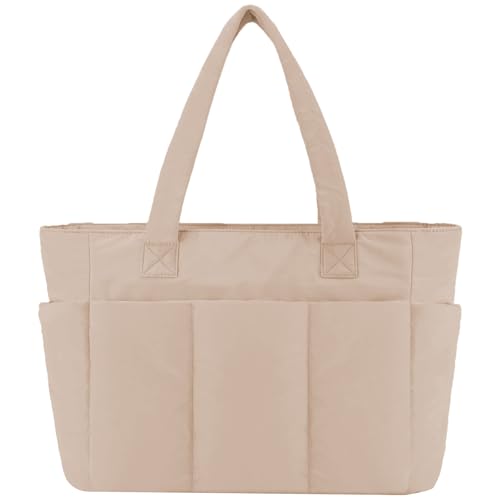 soewten Puffer Bag for Women Work with 15.6 inch Compartment, Large Travel Tote, Lightweight Quilted Tote Bag, Camel
