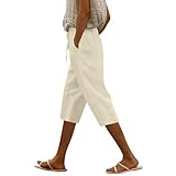 RODYETQQ Cotton Capri Pants for Women Casual Drawstring Elastic Waist Cropped Pants Loose Fit Straight Leg Summer Linen Capris with Pockets Summer Beach Outfuts (A02 Beige,Large)