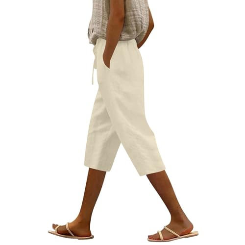 RODYETQQ Cotton Capri Pants for Women Casual Drawstring Elastic Waist Cropped Pants Loose Fit Straight Leg Summer Linen Capris with Pockets Summer Beach Outfuts (A02 Beige,Large)