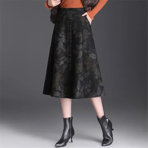 Women's High-Waisted Printed Button-Decorated Plaid Wool Midi Slim-Fit A-Line Skirt4