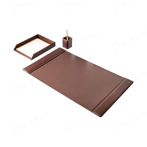 Dacasso Chocolate Brown Leather, 3 Piece Luxury Desk Accessory Set - Executive Desk Decor - 34" x 20" Leather Blotter Pad & Desk Organization Essentials