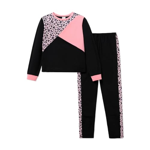 Image of PATPAT Big Kid Girls 2 Piece Outfits Crew Neck Leopard Color Block Top and Leggings Girl Sweatpants Tracksuits, Black, 7-8 Years