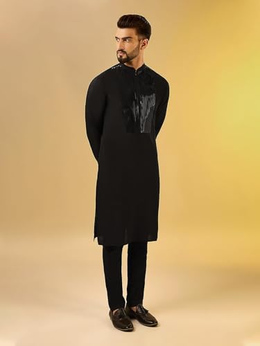 Kisah Men's Kurta, Black Cotton, Embellished Regular Fit Long Sleeves Mandarin Collar (M)