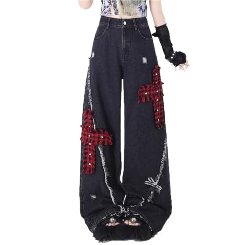 LAFOURAM Petite Jeans for Women 5 FT Short Wide Leg Baggy Cross Plaid Patchwork Denim Pants