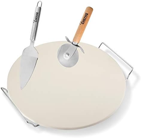 CHEFHQ Pizza Stone Set with Cutter and Server - Pizza Pan Bread Baking Stone for Oven and Grill - Pizza Making Kit with Large 15 Inch Round Cordierite Ceramic Cooking Stone, Spatula and Cutter Tools