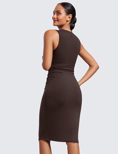 Image of CRZ YOGA Butterluxe Ruched Midi Casual Dress | Removable Pads, Extremely Soft, Bodycon, Crewneck, Party, Sleeveless, Pencil, Outfits for Women