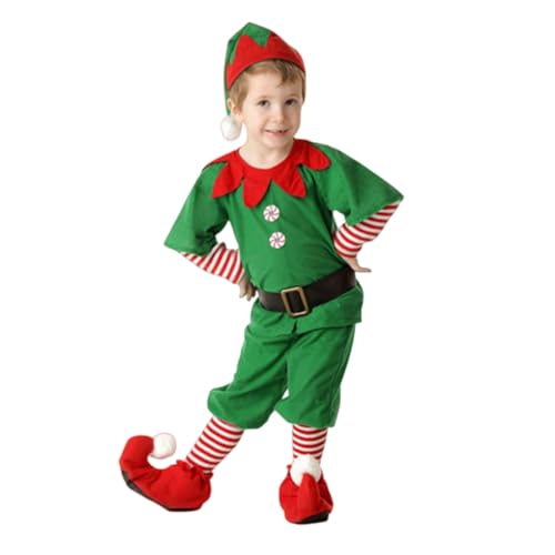 Fato de Elfo de Natal para criança fato de natal infantil vestido de duende verde e vermelho com cinto gorro e meias roupas de festa escolar e espetáculos de Natal (A02-B, 4-5 anos)