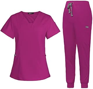 Scrub Set for Women Medical Nursing Uniform Natural Stretch Premium Modern Neck Top & Scrub Jogger Pants (Rose Pink,L,Large)