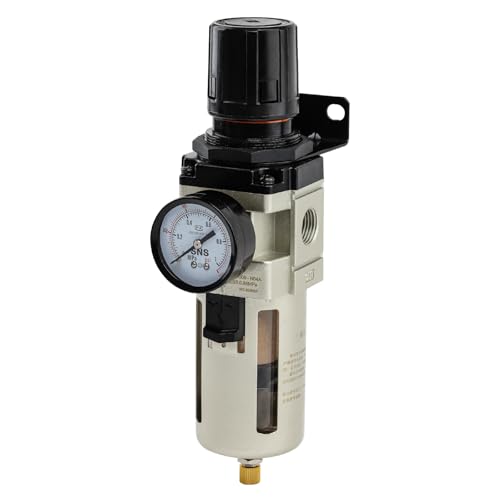 SNS 1/2NPT Compressed Air Filter Regulator Piggyback Combo Semi-auto Drain 5 Micron Brass Filter Gauge and Bracket Poly Bowl with Metal Guard AW4000-N04A