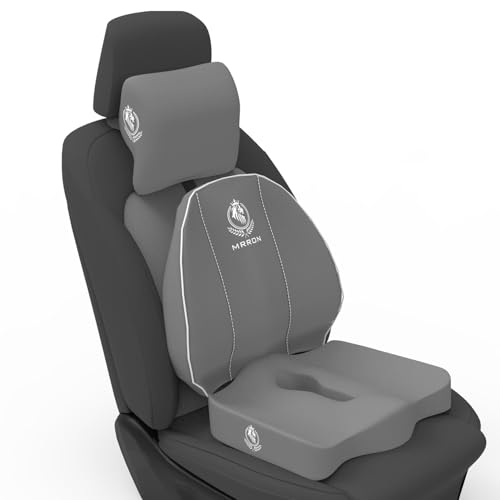 Image of MRRON Memory Foam Posture Corrector Car Seat Cushions Combo | Orthopedic Backrest, Coccyx Cushion & Neckrest | Ergonomic Lumbar Comfort Seat Cushion | Reduces Sciatica, (Grey, Spine Support)