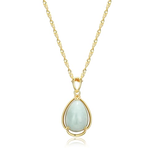 MORGAN & PAIGE .925 Sterling Silver 18K Gold Plated Teardrop Cut Genuine Jade Gold Necklace for Women - Elegant Green Jade Gold Wire Frame Design, Teardrop Sterling Silver Necklace for Women 18 inch