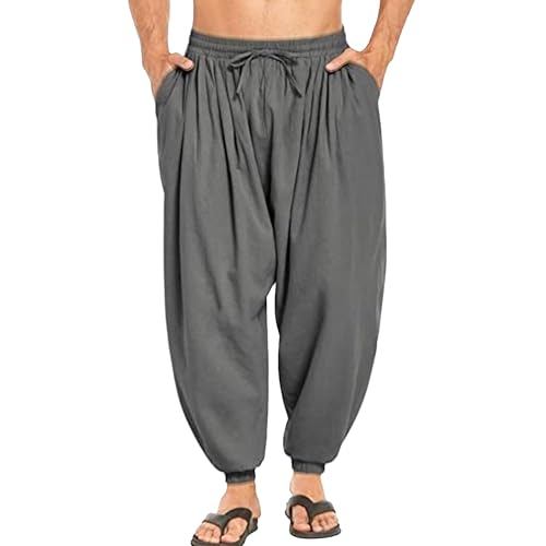 Men's Cotton Pants Baggy Casual Harem Workout Pants Hippie Elastic Waist Beach Boho Yoga Trousers