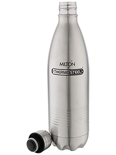 Image of Milton Thermosteel Duo Deluxe-1000 Bottle Style Vacuum Flask, 1 Litre, Silver + Aqua Single Walled Stainless Steel Fridge Water Bottle, 930ml, Silver Combo