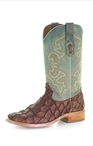 CORRAL MEN'S BROWN/TURQUOISE FISH EMBROIDERY SQ. TOE, LEATHER WITH RUBBER INSERT SOLE, WESTERN A4048