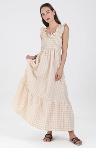 Women's Sleeveless Strap Retro Plaid A-Line Smocked Maxi Long Dress with Ruffled Hem2