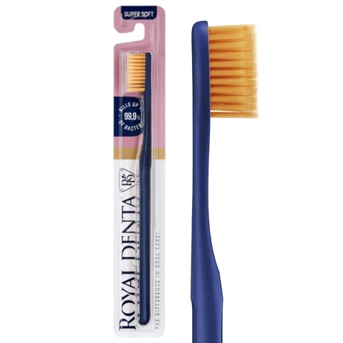 Zahnbürste Extra Weich mit Goldpartikeln | Super Weiche Handzahnbürste für Empfindliche Zähne & Zahnfleisch | Antibakterielle Doppelborsten | Royal Denta | Marineblau