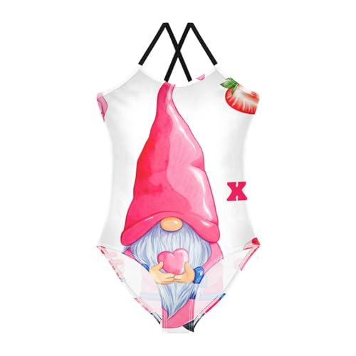 Valentine Gnome Toddler Swimsuit Girl One Piece, Quick Dry Crossback Little Girls Bathing Suit for Beach 3T