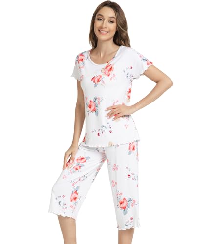 Image of NACHILA Women's Bamboo Viscose Pajama Sets Summer Cooling Short Sleeve Capri Soft Pjs Night Sweats Moisture Wicking Sleepwear