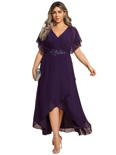 Image of Ever-Pretty Women's Plus Size V Neck Applique Short Sleeve Maxi Formal Wedding Guest Dresses Deep Purple US24