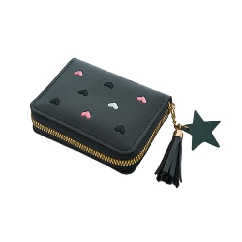 Süße Geldbörse für Mädchen und Jungs Damen mini Portemonnaie aus weichem PU Leder Herzen Stickerei mit Reißverschluss,Und Sternquaste Anhänger Münzfach und Kartenfächern (schwarz)