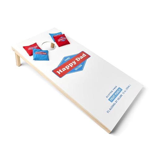 Happy Dad Cornhole Board Set, Cornhole Bags Set of 8, 2 x 4 Plywood Cornhole Boards for Yard & Outdoor Games, Portable Black Carrying Case, Collapsible Legs for Storage, White