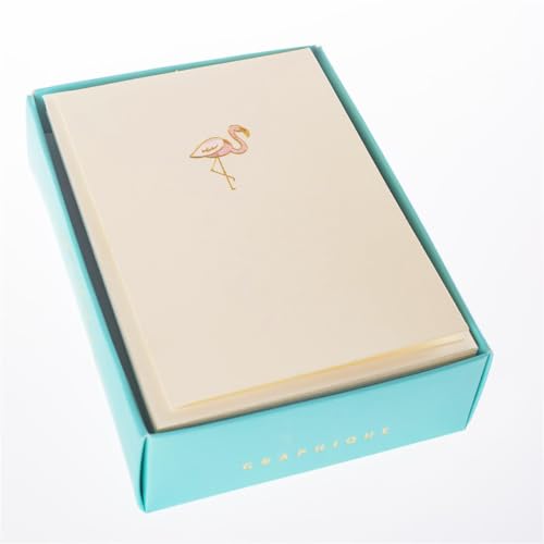 Image of Graphique Pink Flamingo La Petite Presse Boxed Notecards - 10 Embossed and Embellished Gold Foil Pink Flamingo Blank Cards with Matching Envelopes, 3.25 inch x 4.75 inch