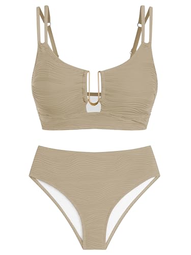 ZAFUL Bikini Sets for Women High Waisted U-Wire Cutout Swim Suits 2025 Textured Two Piece Bathing Suit2