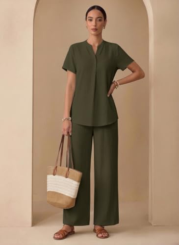 Image of TOPLOT Women's Co-ord Set | Stylish Matching Top & Bottom Set | Notch Neckline with Button Detail | Loose-Fit, Short-Sleeve Top with a Relaxed Silhouette |Ideal for Casual (5250)