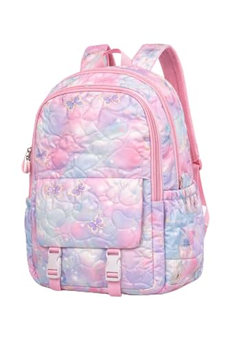 Mochila Infantil e Juvenil Estampada 25L em Poliéster Resistente 3 Bolsos com Zíper, Design Matelassê, Alças Ajustáveis, Cores Preto, Rosa e Azul Claro (Rosa)