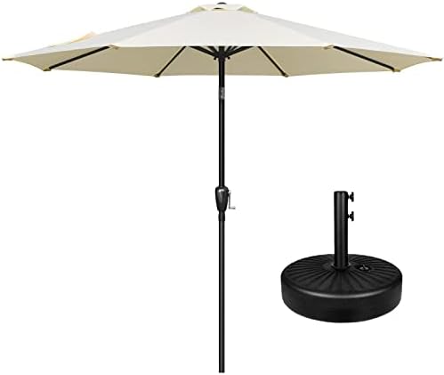 Simple Deluxe 9 FT Patio Umbrella with 20 Inch Heavy Duty Base Stand, Push Button Tilt/Crank 8 Sturdy Ribs, for Outdoor Market Table, Garden, Lawn, Backyard, Pool, 9ft+20inch, Beige and Black