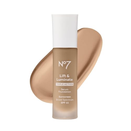 Discover the Best Full Coverage Foundation Boots Now! 11 No7 Lift & Luminate Triple Action Serum Foundation - Liquid Makeup with SPF 15 for a Dewy, Glowy Base - Radiant Formula for Mature Skin - Cashew (30ml)