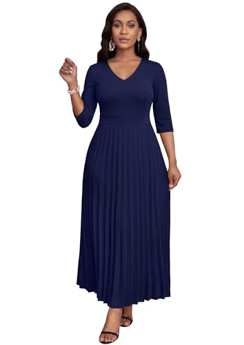 Image of FANDEE Women's V-Neck Pleated Maxi Dress A-Line 3 /4 Sleeve with Pockets