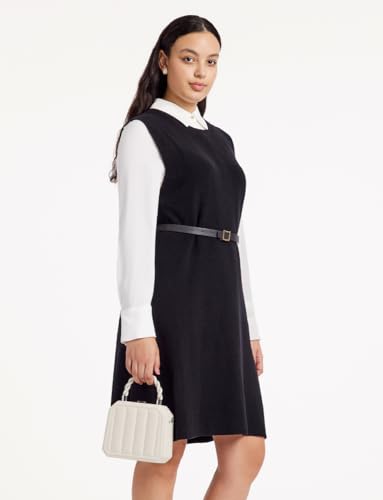 Women's 2 Piece Outfits Black Sweater Vest Dress and White Shirt Dress Sets with Belted3