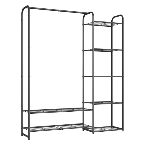 SONGMICS Kleiderständer, offener Kleiderschrank, Kleiderstange, Garderobenständer mit Ablagen, Garderobe aus Metall, freistehend, mattschwarz LGR462B01