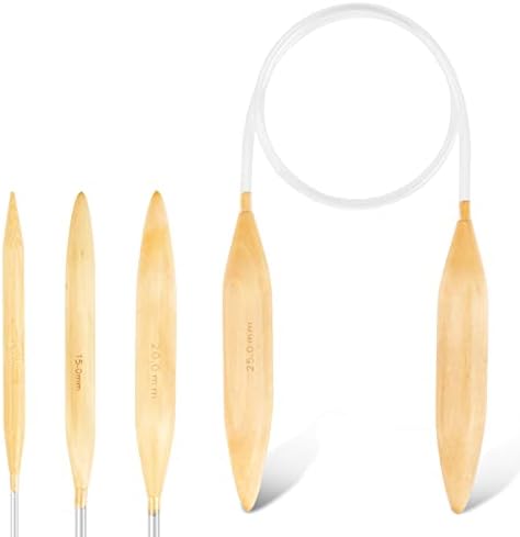 Bamboo Circular Knitting Needles Set – Circular Wooden Knitting Needles with Plastic Tube US Size 15 19 35 50 (10 15 20 25 mm) Natural Wood Jumbo Needle for Chunky Yarn Giant Circular Knitting Needles