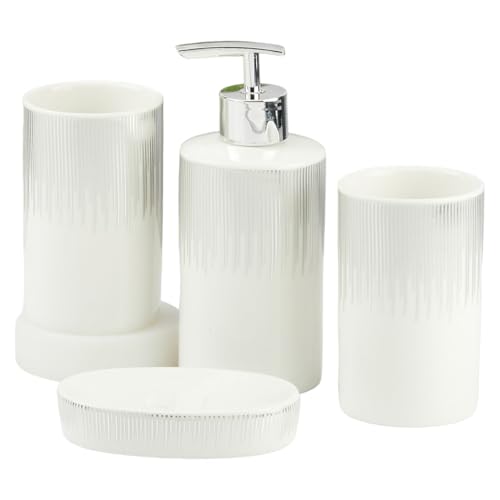 Image of Kookee Ceramic Bathroom Set - Stylish 4 Piece Bath Accessories Kit with Soap Dispenser, Toothbrush Holder, Tumbler & Soap Dish - Modern & Designer Decor for Home & Guest Bathrooms (11394)