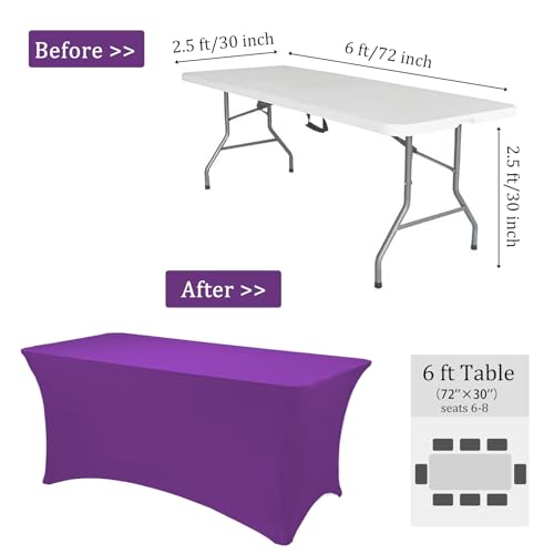 Image of 3 Pack 6FT Spandex Table Covers Washable Wrinkle Resistant Fitted Rectangle Tablecloth for Folding Table Wedding Party Birthday Banquet Bar Events(Purple)