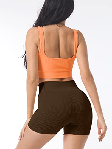 Oqq Women's 3 Piece Athletic Shorts Ribbed Seamless Workout High Waist Shorts With Pockets Black Coffee Blue #TOP5
