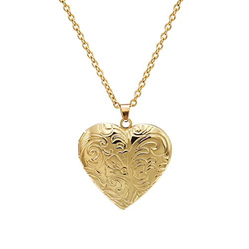 Vintage Engraved Flower Empaistic Photo Locket Hold Picture Oval Round Pendant Necklace Antique Carved Pattern Souvenir Memorial Clavicle Jewelry for Women-gold heart