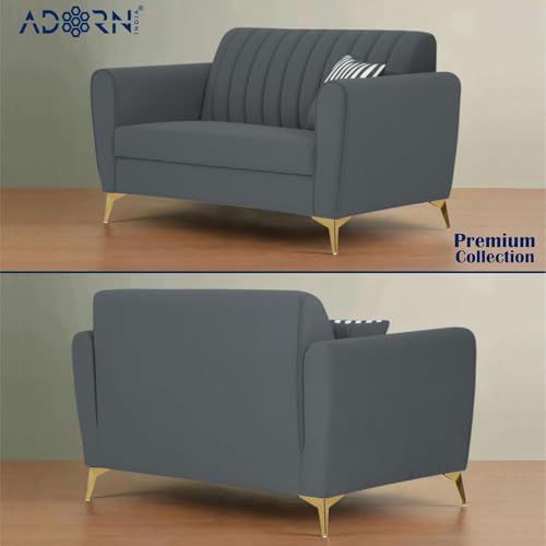 Image of Adorn India Premium Luster 3-2 Sofa Set | Velvet Suede Fabric | 3-Year Warranty | Color Dark Grey with Golden Legs & Striped Pattern Cushion