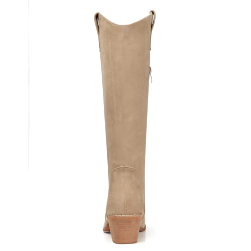 Image of SHIBEVER Cowgirl Boots Knee High: Womens Western Cowboy Boots Wide Calf Apricot Low Heeled Put on Suede Tall Booties Size 6.5